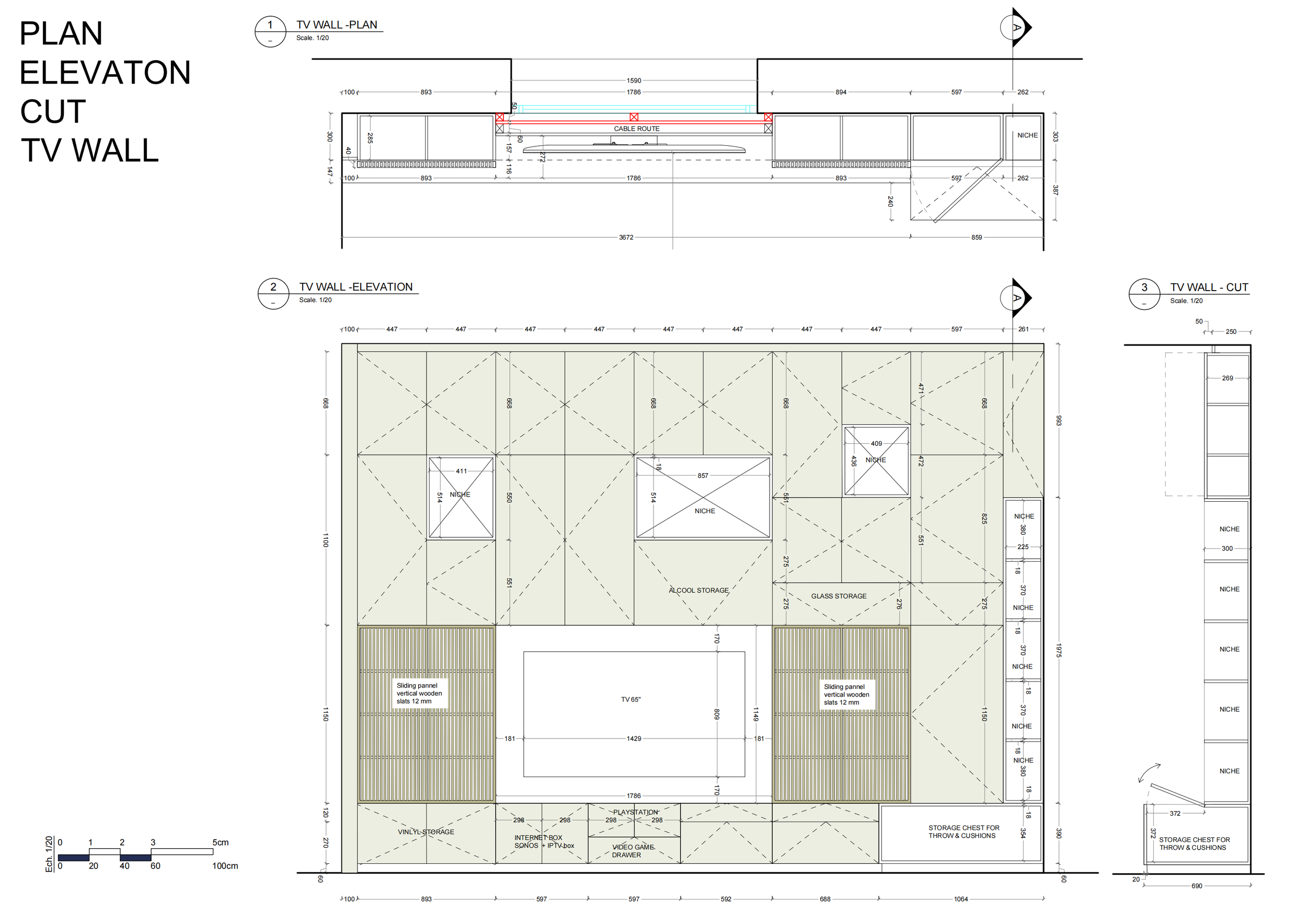 Architectural technical drawing of a television wall design, showing plan, elevation, and cut views with detailed measurements and labels for storage, niches, and cable routing.