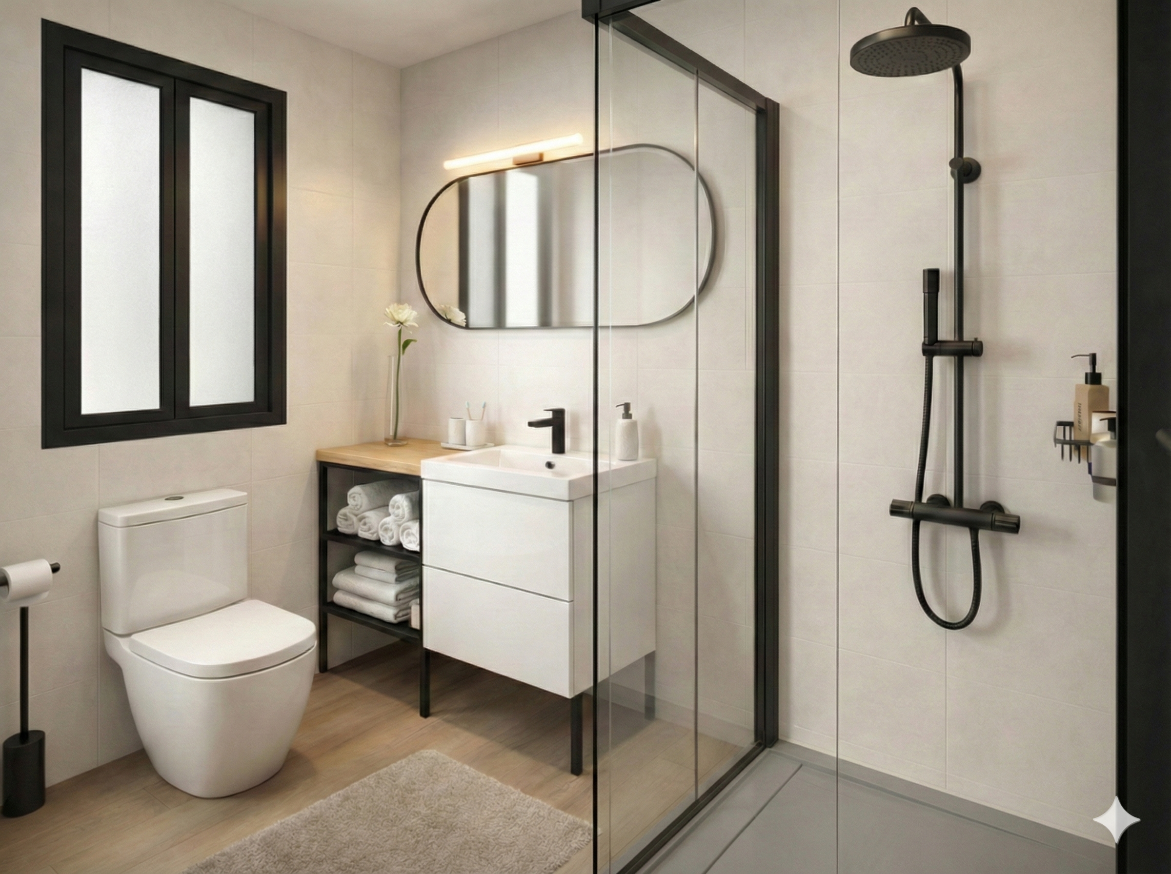 Modern bathroom with a white toilet, black window frame, vanity with towels, decorative flower, mirror, and a walk-in shower with black fixtures and glass enclosure.
