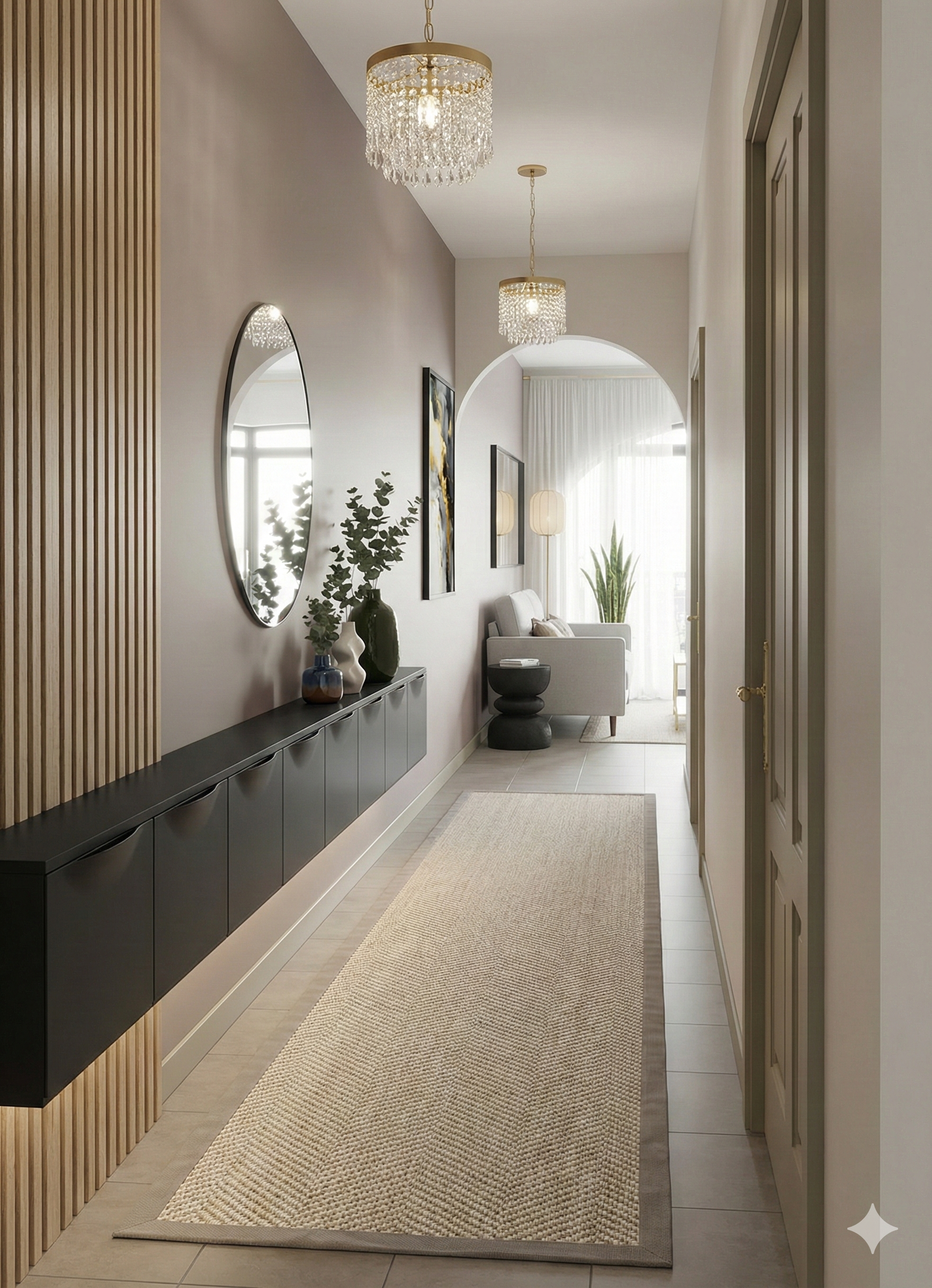 A modern hallway with two round crystal chandeliers, a black sideboard with decorative vases and greenery, beige runner rug, framed wall art, and a view into a living room with a light-colored sofa, floor lamp, and potted plant.