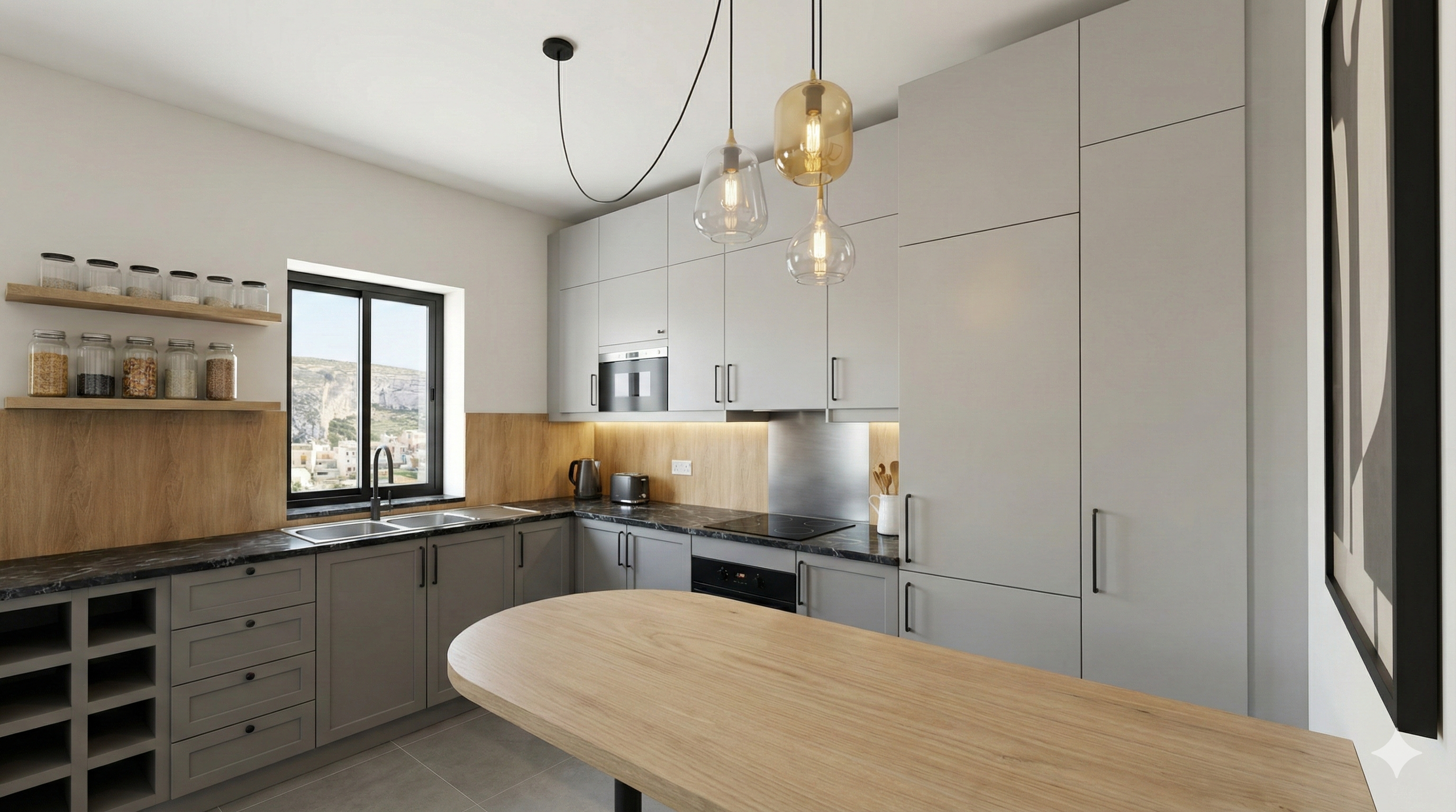 Modern kitchen with white cabinets, black marble countertop, and wooden accents. There are pendant lights hanging from the ceiling, a window above the sink, and various appliances on the counter, including a kettle and toaster.