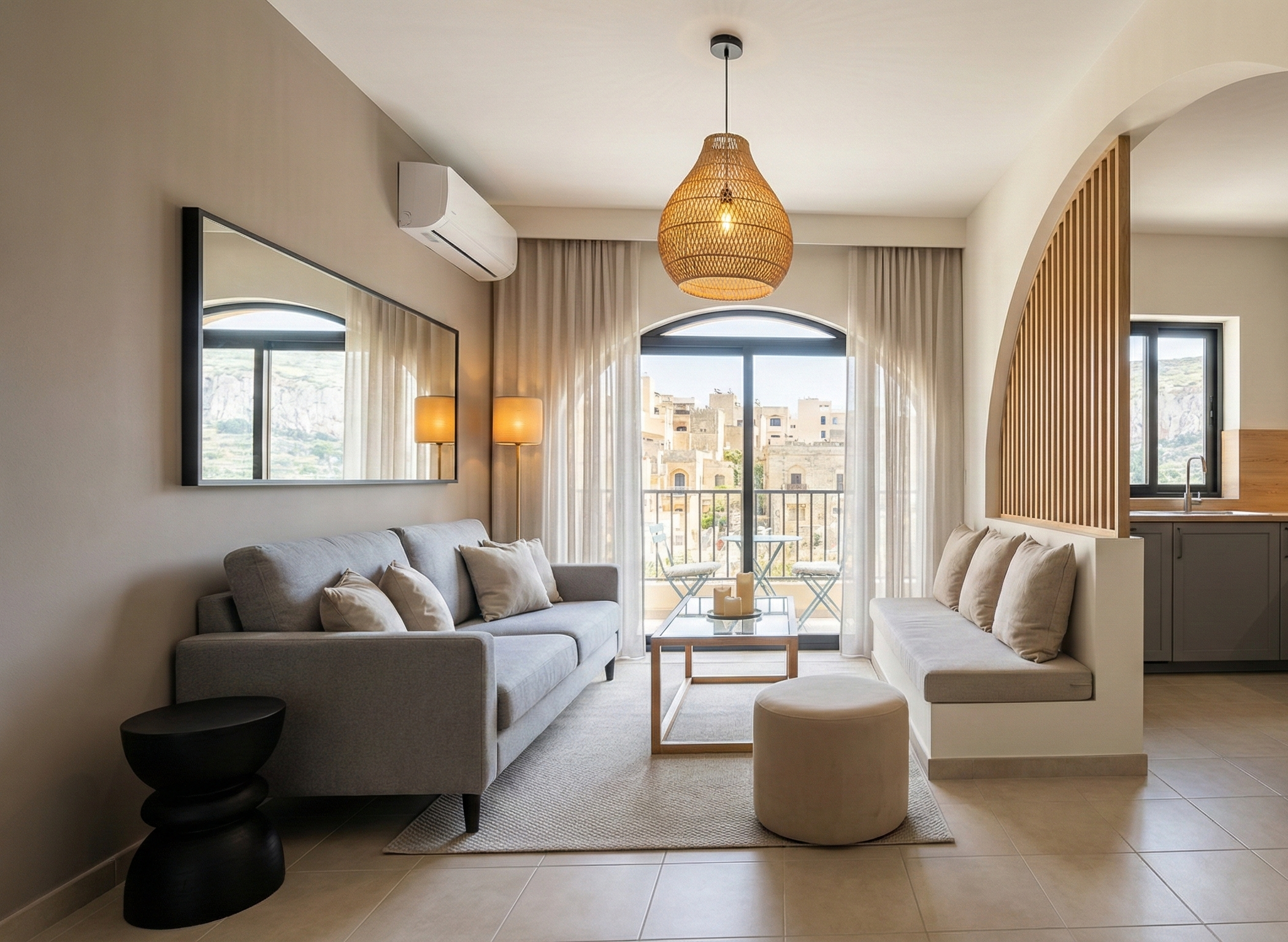 Bright living room with a gray sofa, side table, wall mirror, and floor lamp, leading to a balcony with two chairs and a view of a cityscape with buildings and mountains in the background.