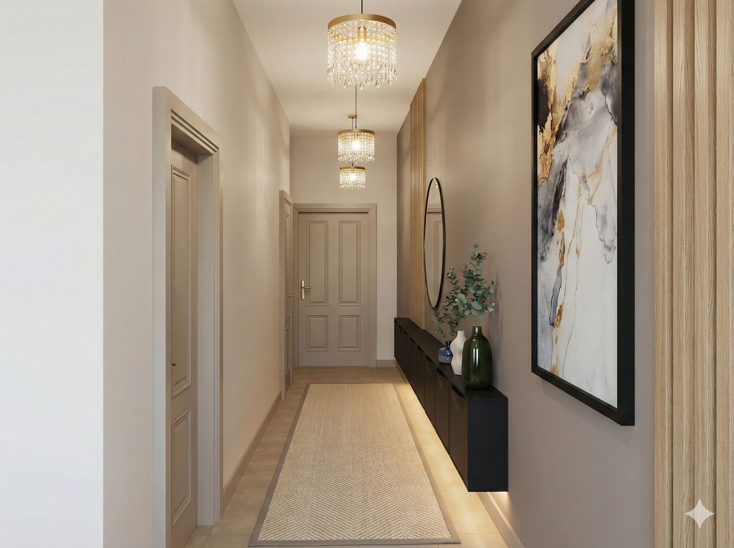 Modern hallway with beige walls, wooden accents, three chandeliers, a long beige runner rug, black console table with vases and greenery, large abstract art, and double doors at the end.
