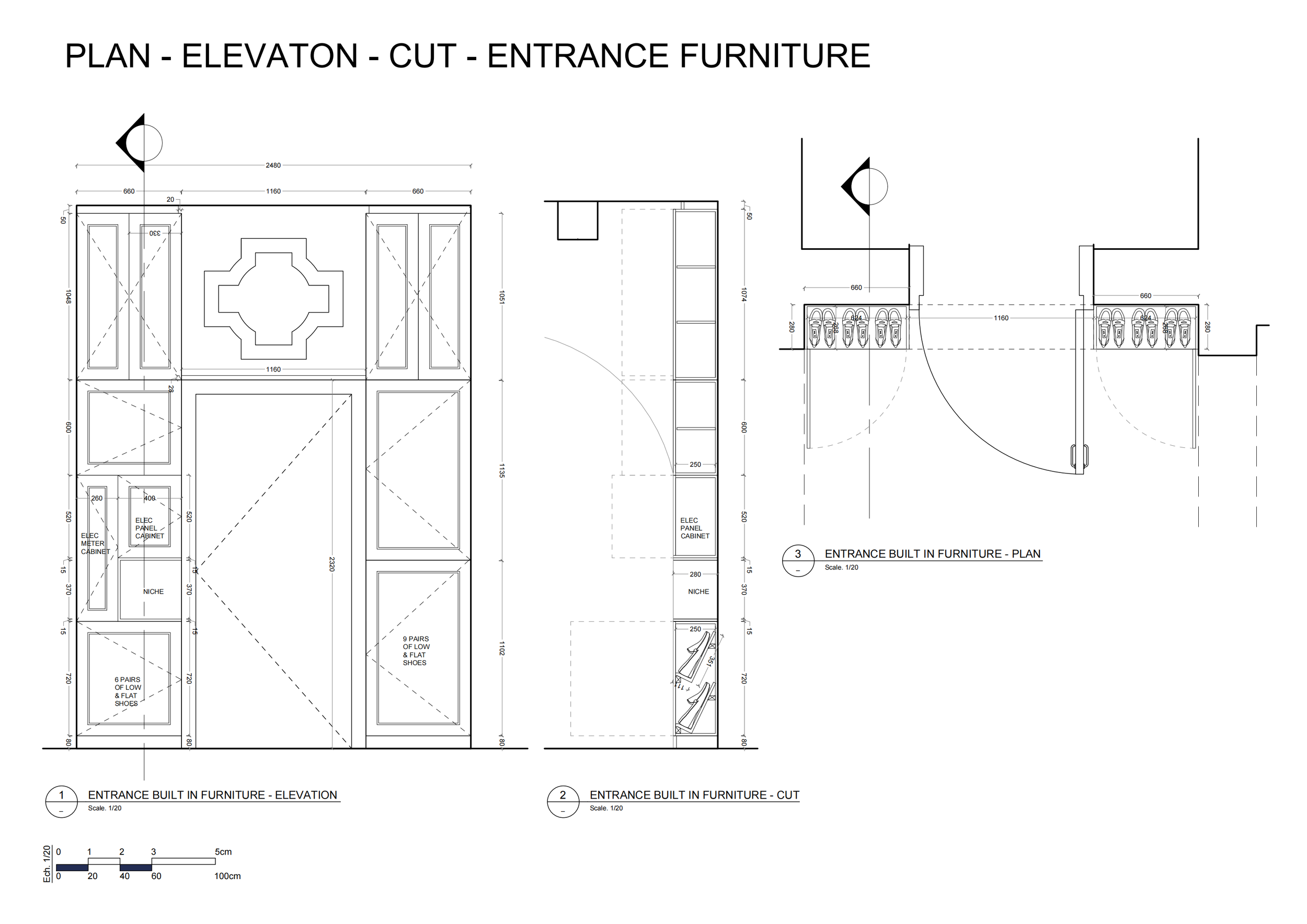 Architectural blueprint of entrance furniture, including plan, elevation, and cut view, with detailed measurements and layout of built-in cabinets, shelves, niches, and decorative elements.
