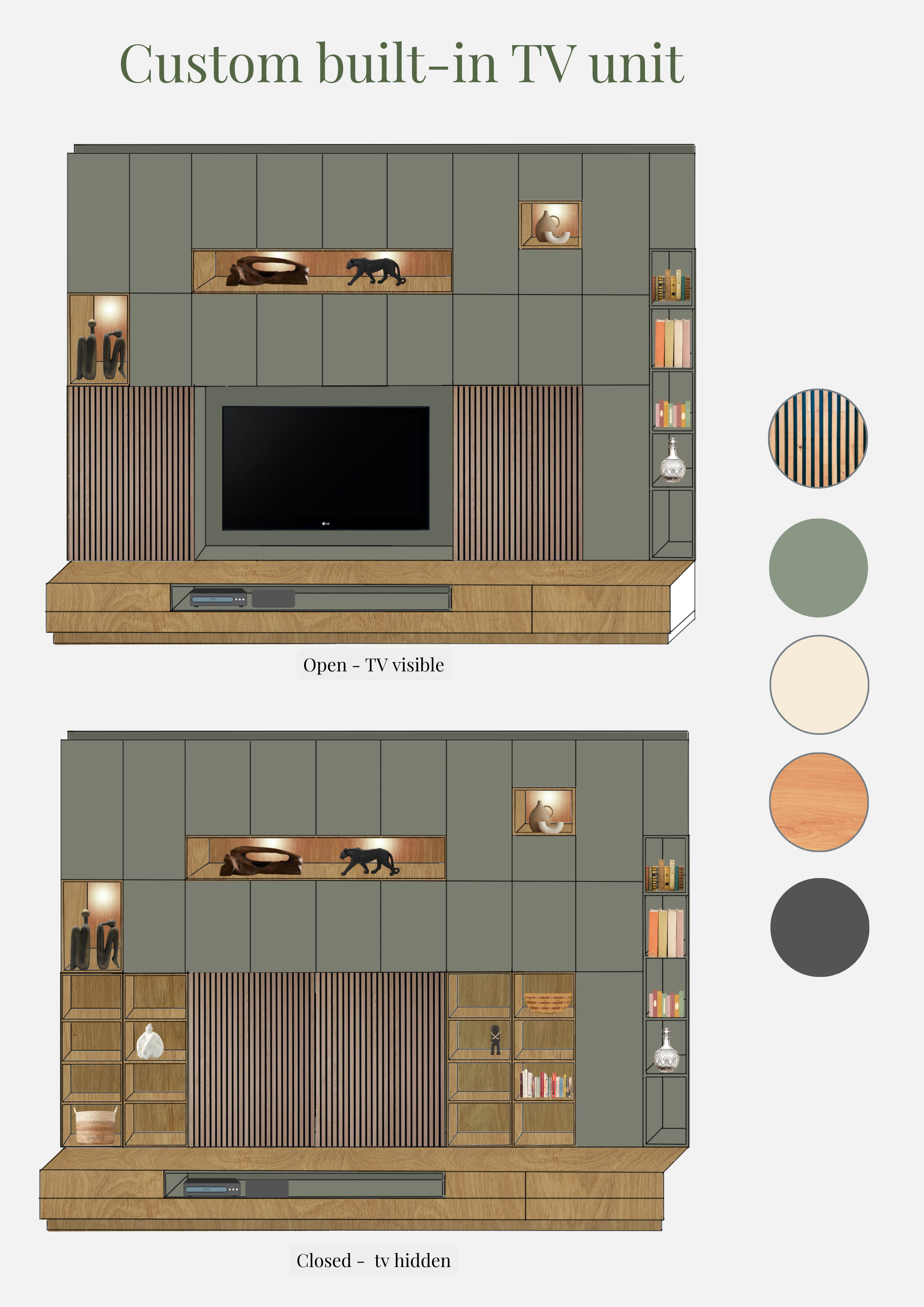 Diagram of a custom built-in TV unit shown in two states: open with TV visible and closed with TV hidden. The unit features shelves, decorative objects, and a wood and green color scheme.