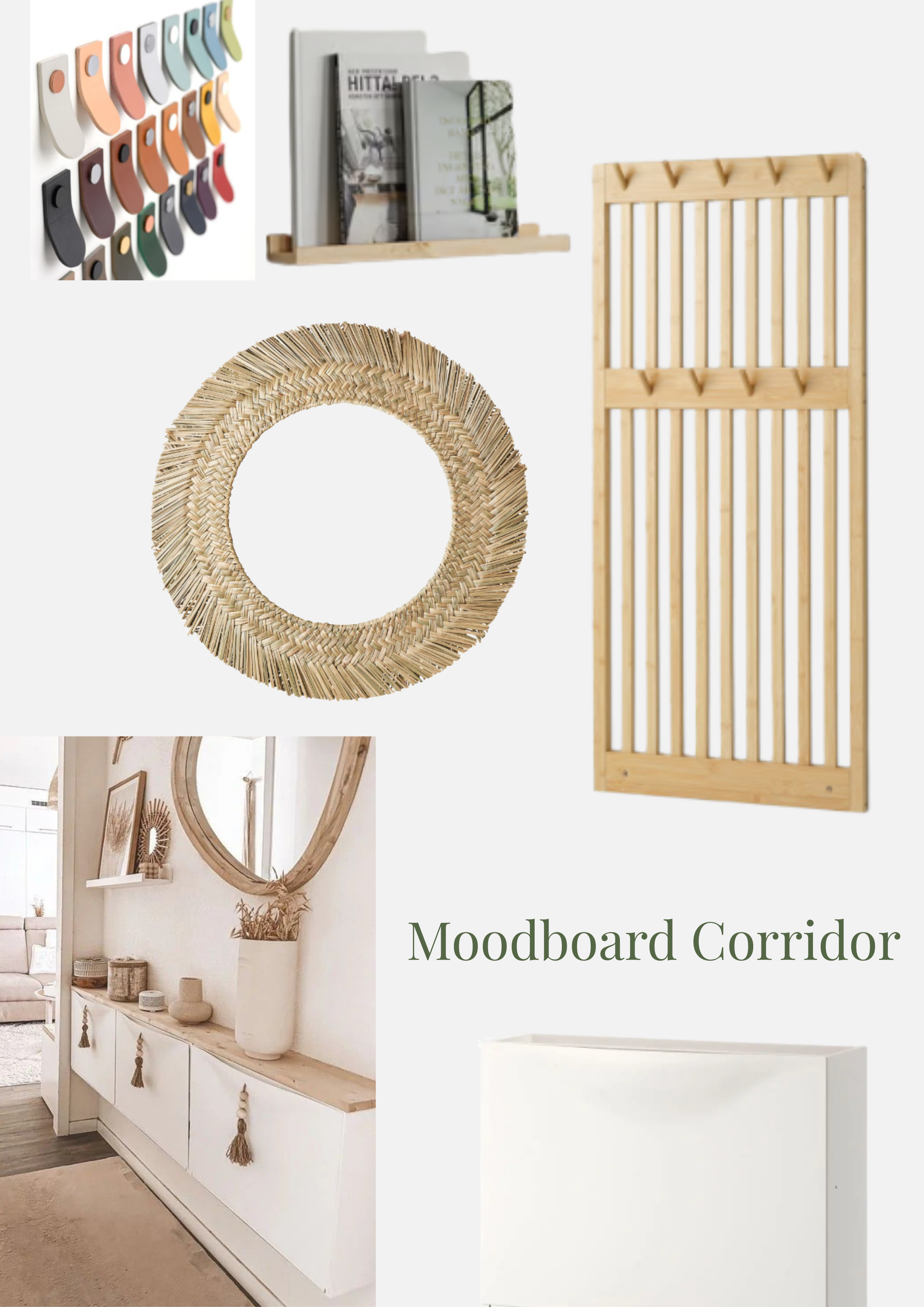 Decorative wall accessories including a set of colorful hooks, a wooden magazine rack with books, a large round wicker mirror, a wooden slatted room divider, a white sideboard with décor items, and the text 'Moodboard Corridor'.