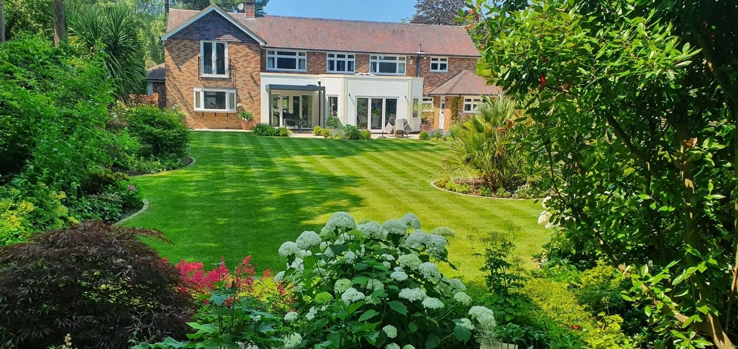 A well-manicured backyard with green striped lawn, surrounded by various shrubs and flowering plants, with a brick house in the background.