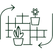 Line drawing of three potted plants on a grid-like background with arrows indicating movement or flow.