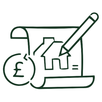 A sketch of a house on a piece of paper with a pencil, a pound currency symbol, and a curved line.