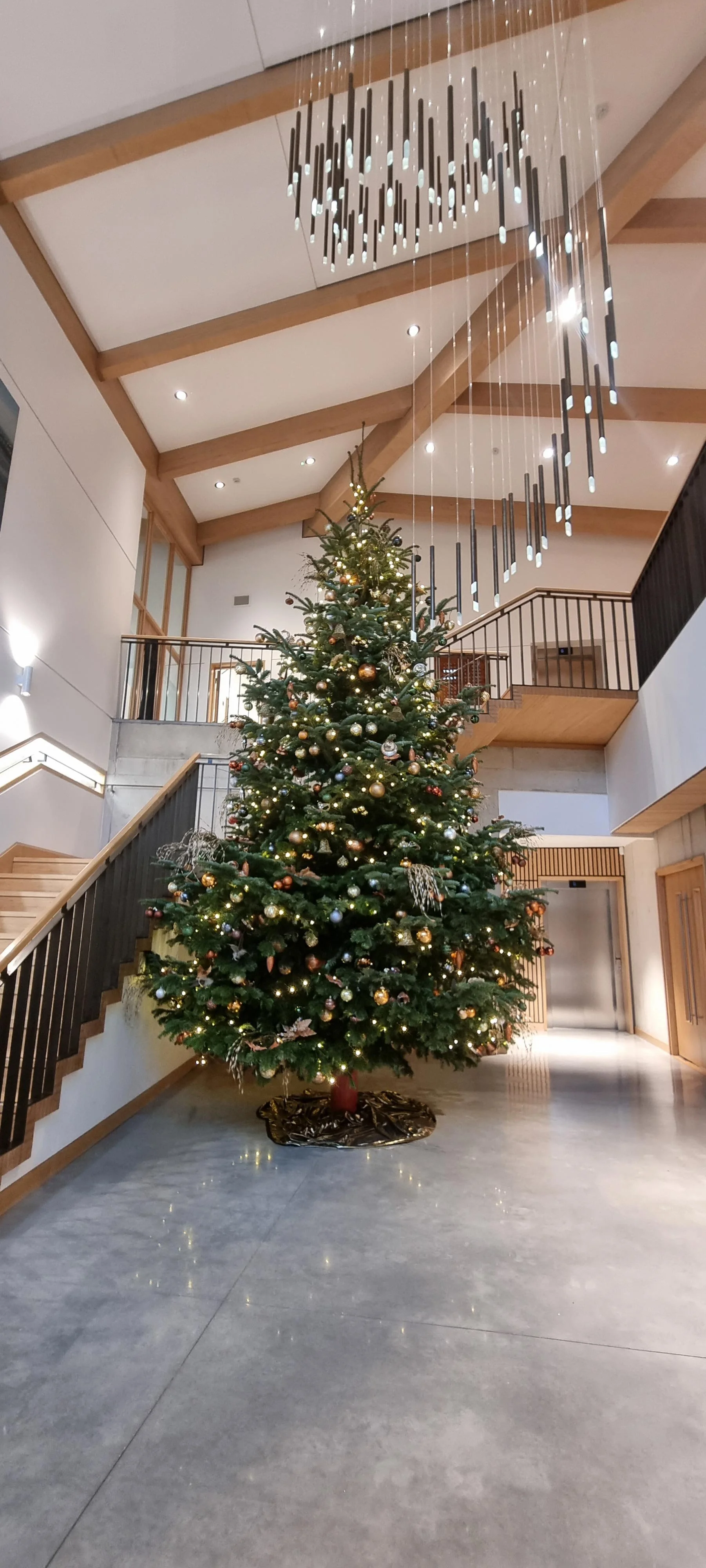 A decorated Christmas tree in a modern, spacious lobby with wooden accents and a high ceiling.