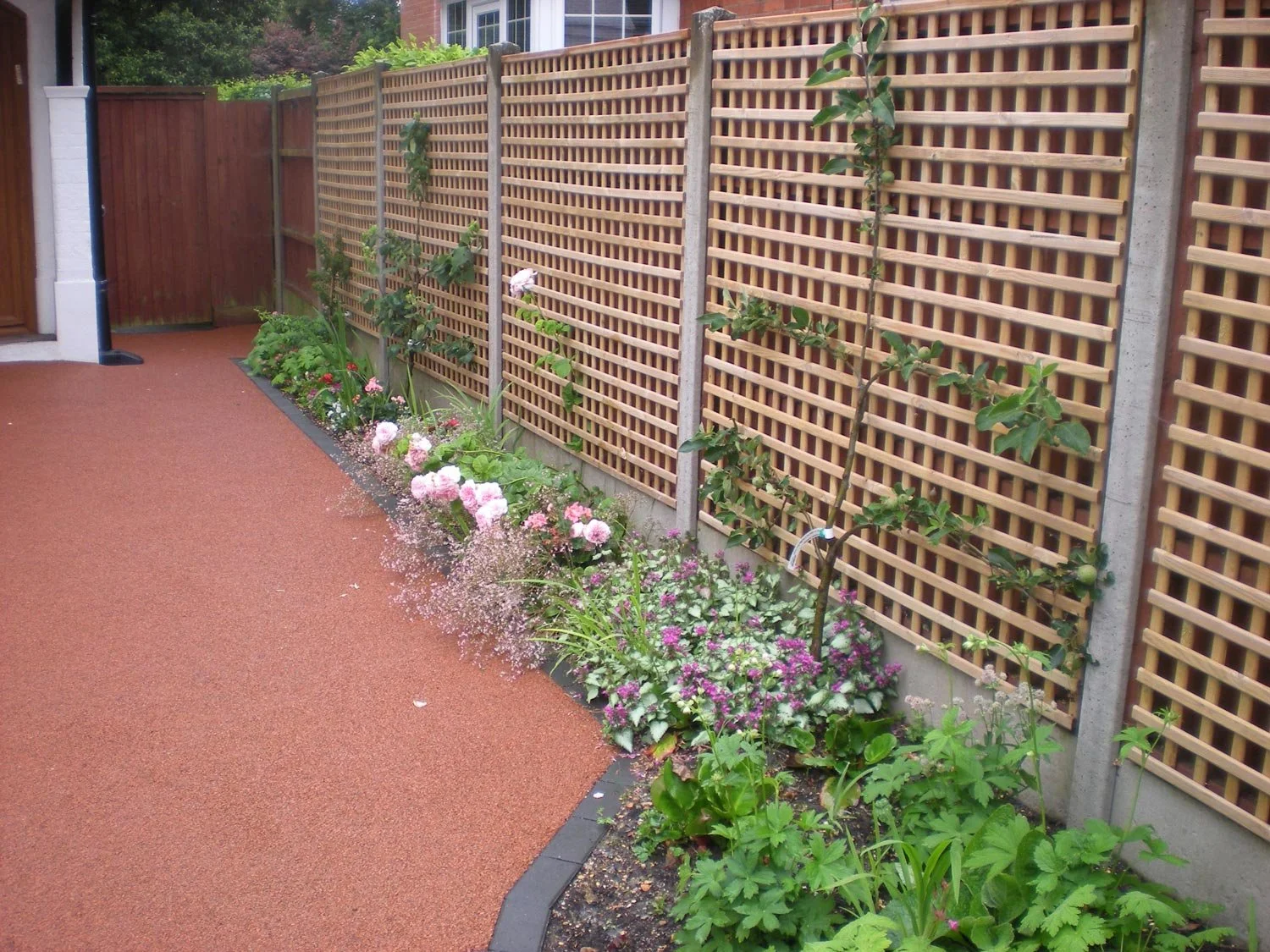 A small garden along a wooden lattice fence with various plants and flowers, next to a reddish outdoor surface.