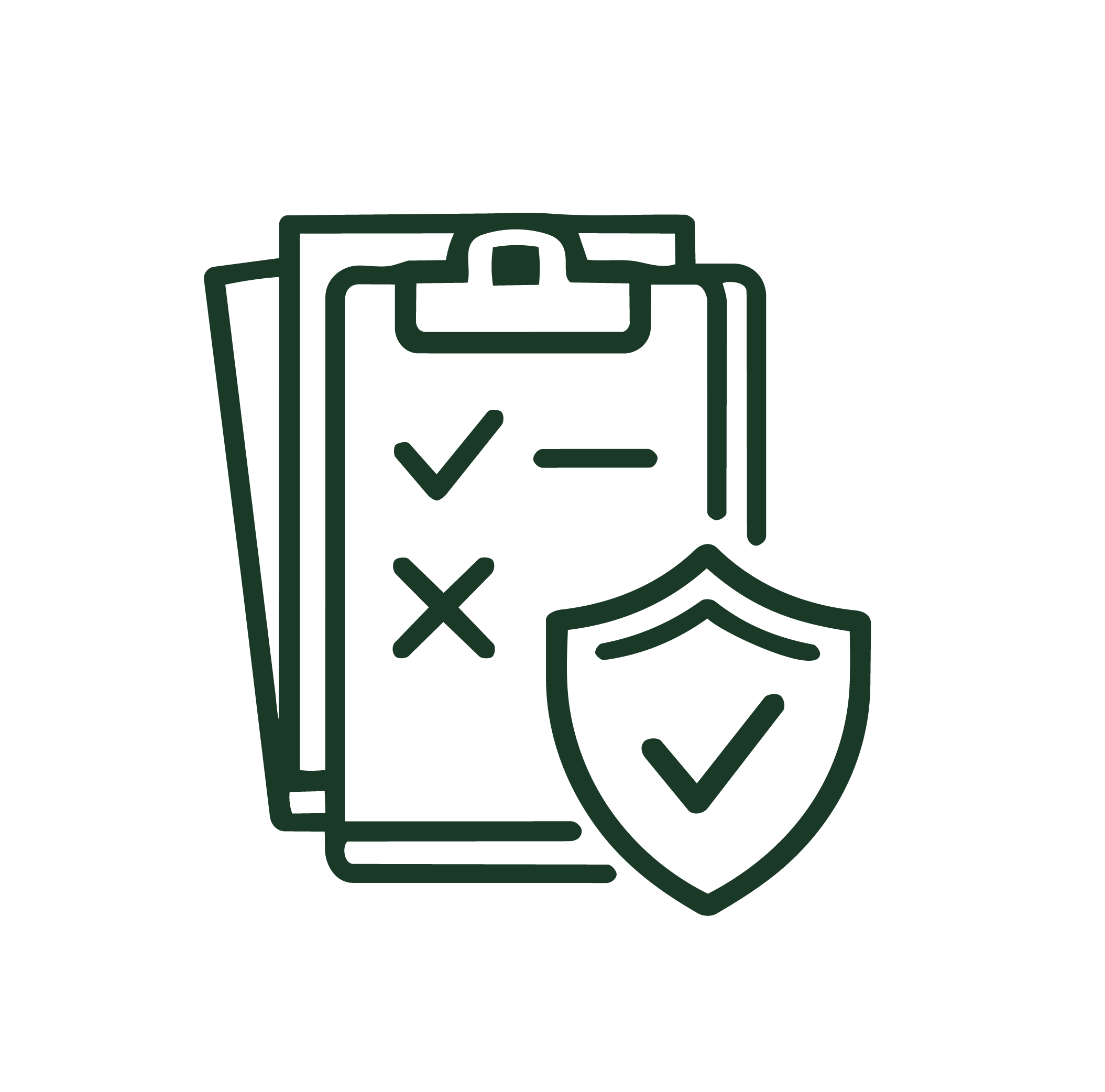 Line drawing of documents with check and X marks and a shield with a check mark, representing security or insurance.