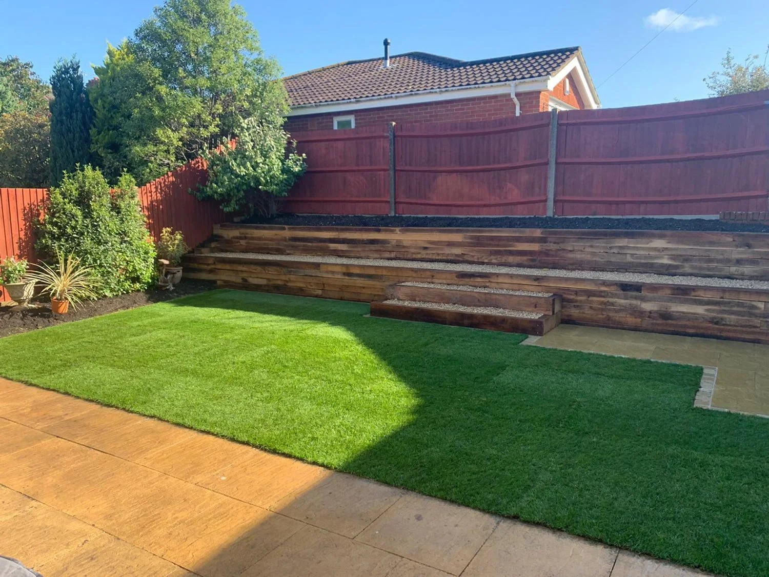 Backyard with new wooden retaining wall, raised garden beds, red wooden fence, green lawn, plants, trees, and a house in the background under a clear blue sky.