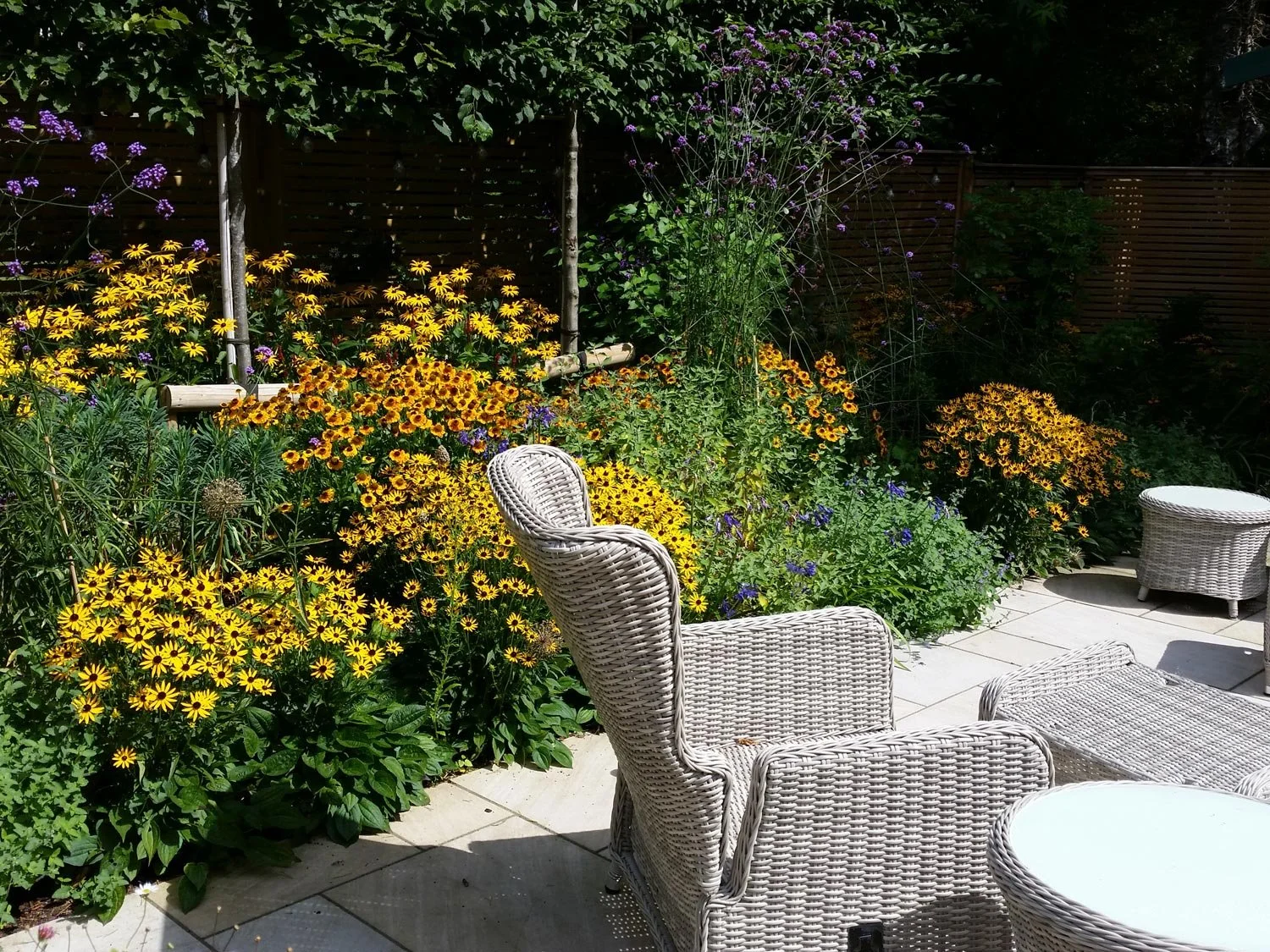 A garden patio with white wicker chairs and small white table, surrounded by yellow and purple flowers, and a wooden fence in the background.