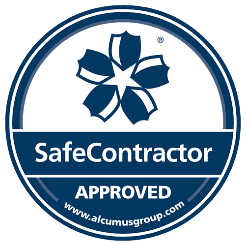 Circular badge with a flower-like design at the top, the text 'Safe Contractor Approved' in the middle, and the website www.alcumusgroup.com at the bottom.