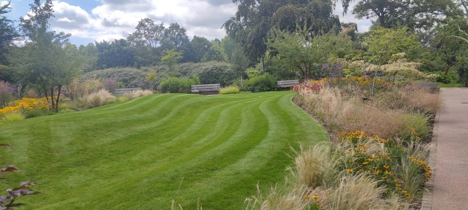 A well-maintained garden with a lush green curved lawn, surrounded by colorful flowers and shrubs, with benches and a pathway.