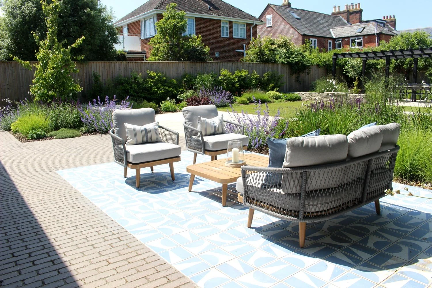 A backyard patio with outdoor furniture including a gray cushioned sofa and chairs, a wooden coffee table, and decorative pillows, surrounded by flowering plants and greenery under a clear blue sky.