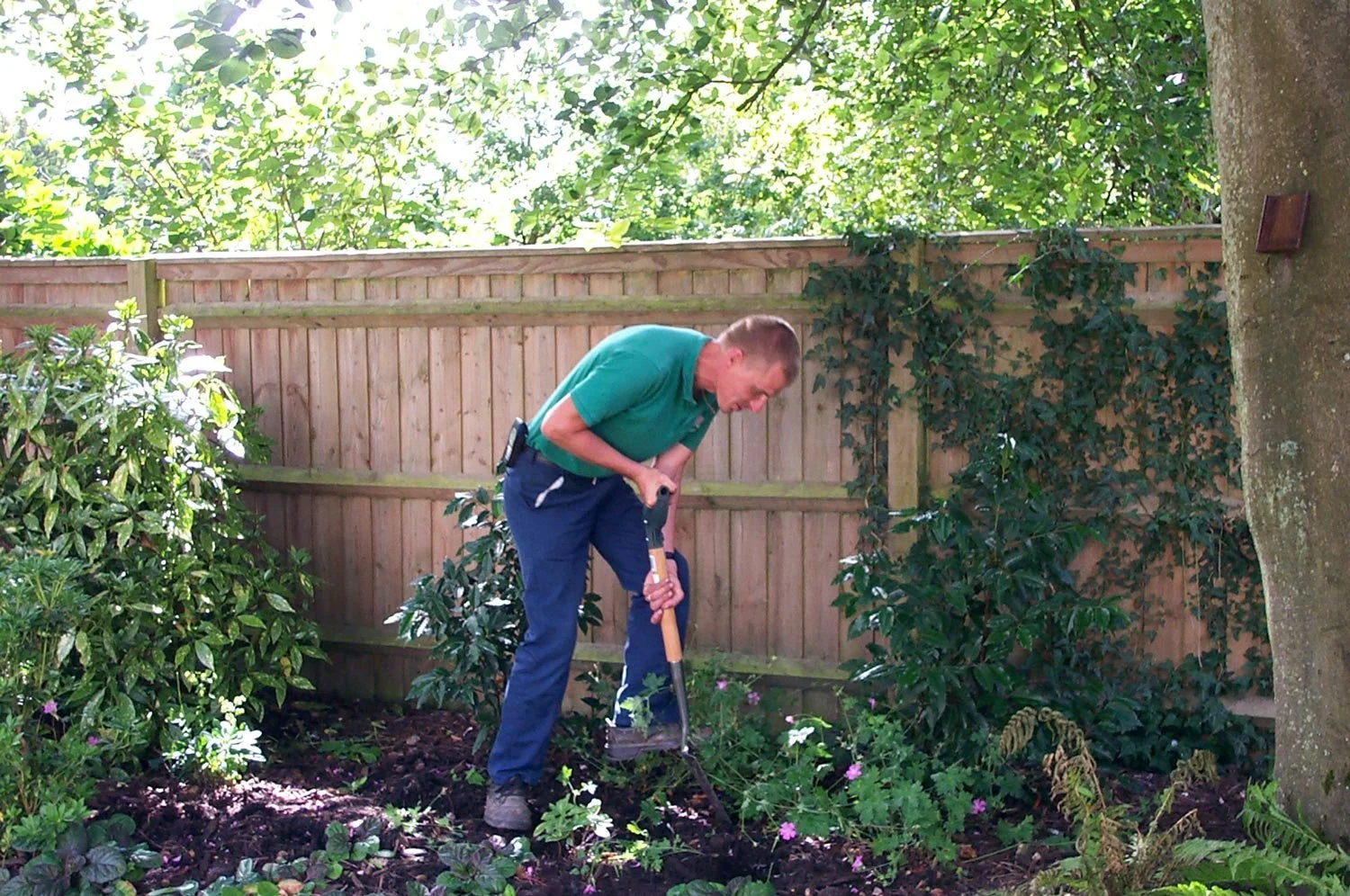 A lush garden with vibrant flowers and green foliage, located beside a building with brick walls and modern architecture, under a blue sky with white clouds.