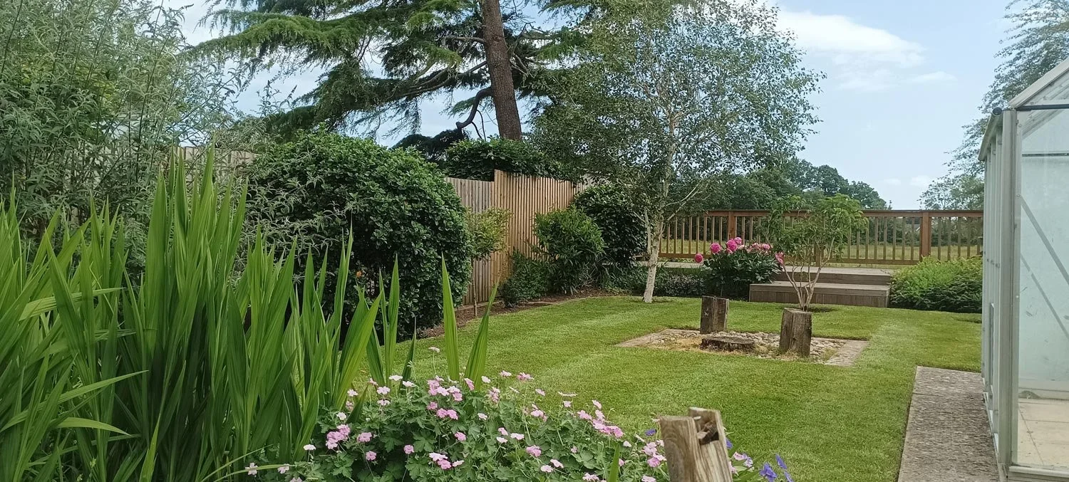 A well-maintained backyard garden with lush green grass, flowering plants, small trees, and shrubs. There is a fenced area with a wooden railing, and a small greenhouse on the right side of the image.