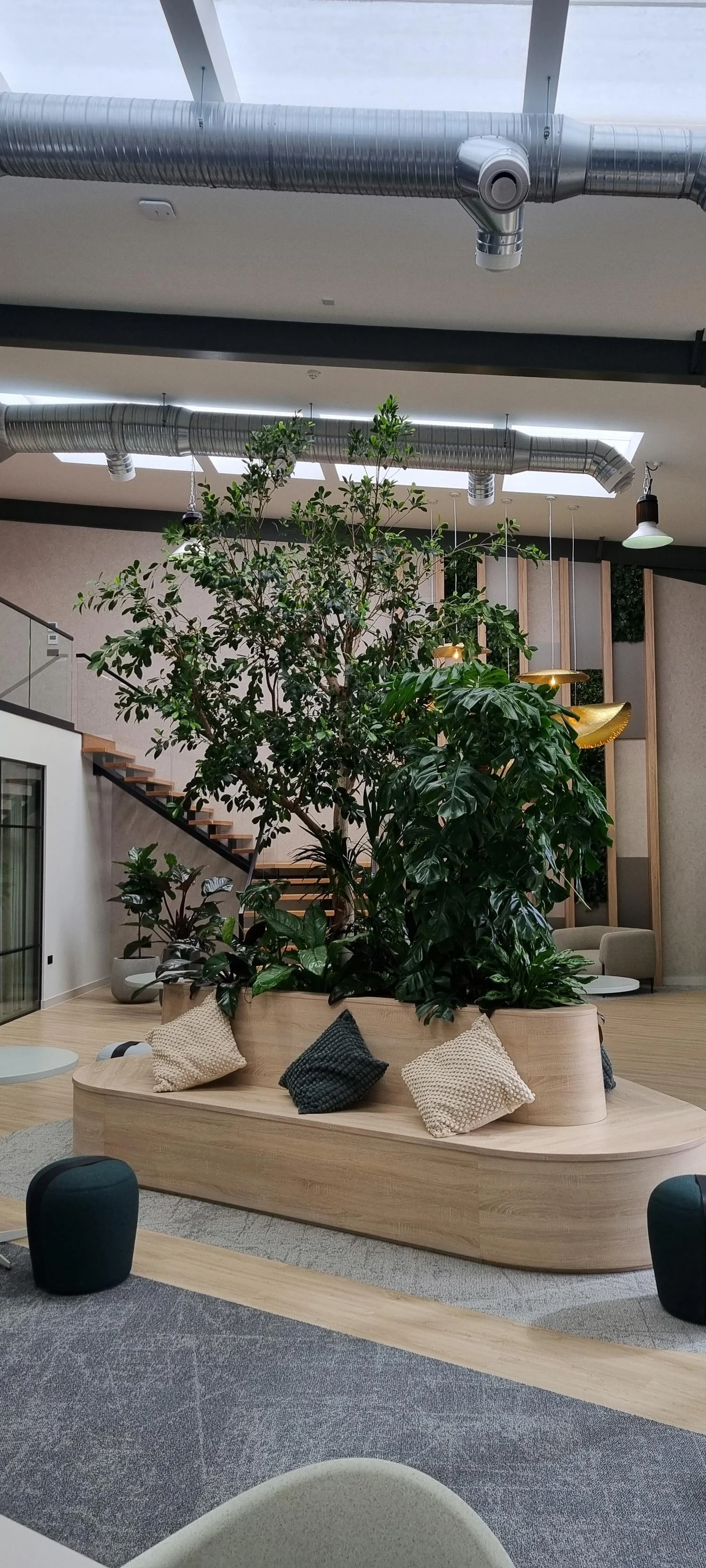 Interior of a modern office or lounge with a large central plant in a wooden planter, surrounded by pillows. There are stairs, hanging lights, and exposed ductwork on the ceiling.