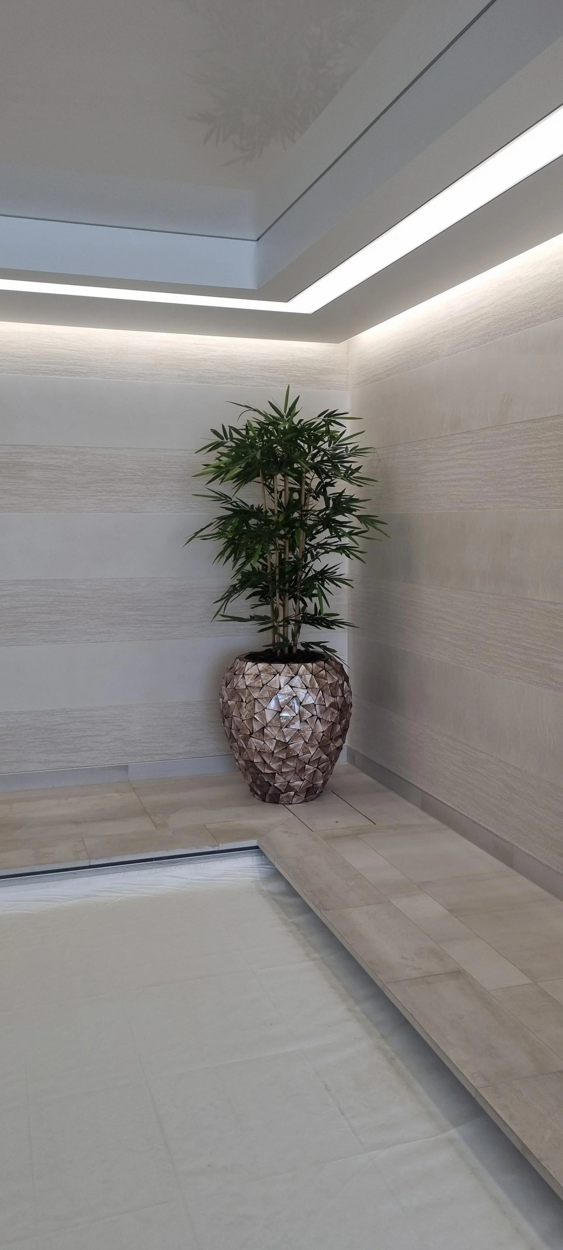 A potted indoor plant with green leaves in a textured, geometric-patterned brown and beige ceramic pot, positioned against a light-colored, textured wall, with a ceiling featuring recessed lighting and a reflective surface.