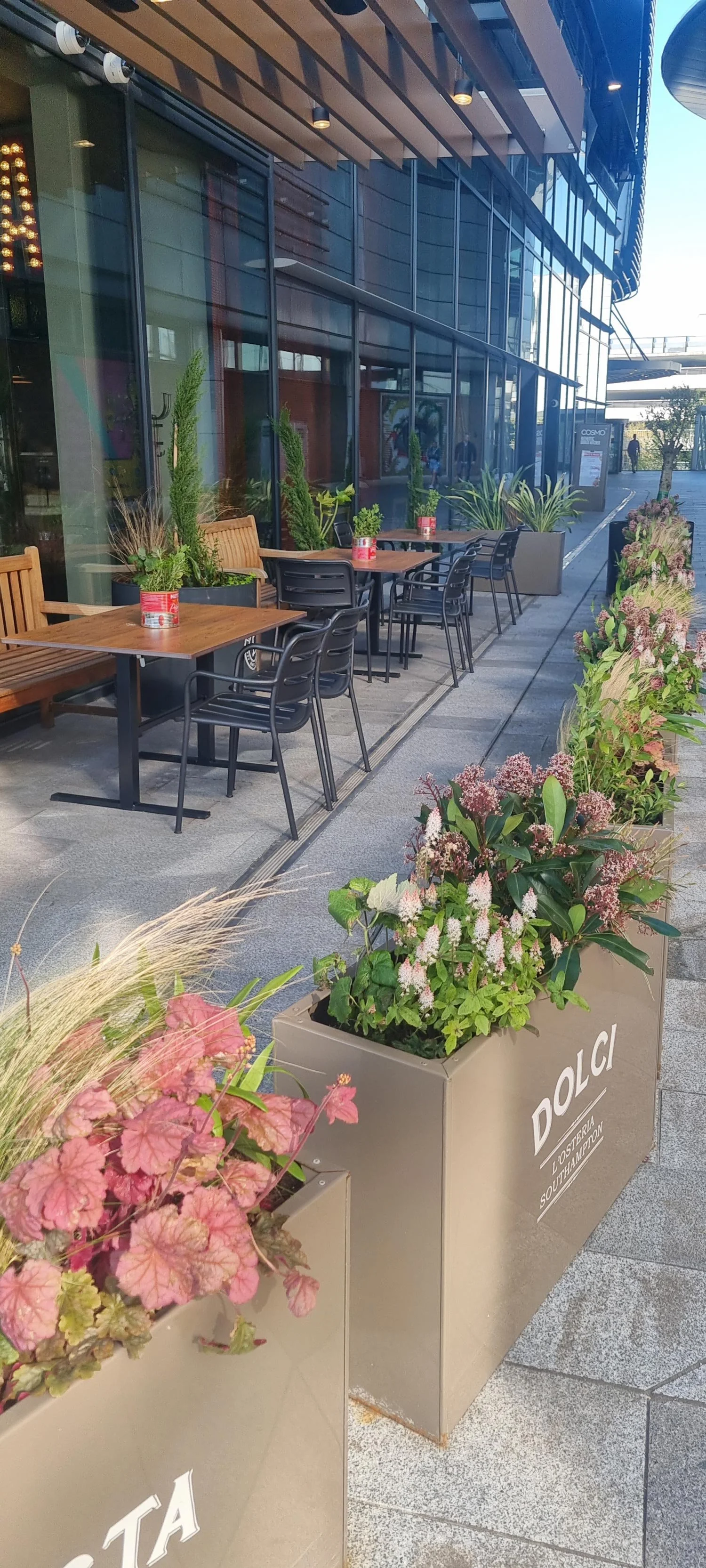 Empty outdoor patio with wooden and black chairs, wooden tables, and potted plants in front of a modern glass building.