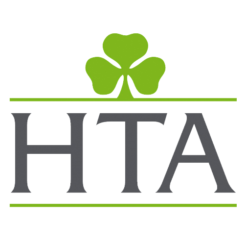 Logo with a four-leaf clover above the letters 'HTA' in gray, separated by two thin green lines.