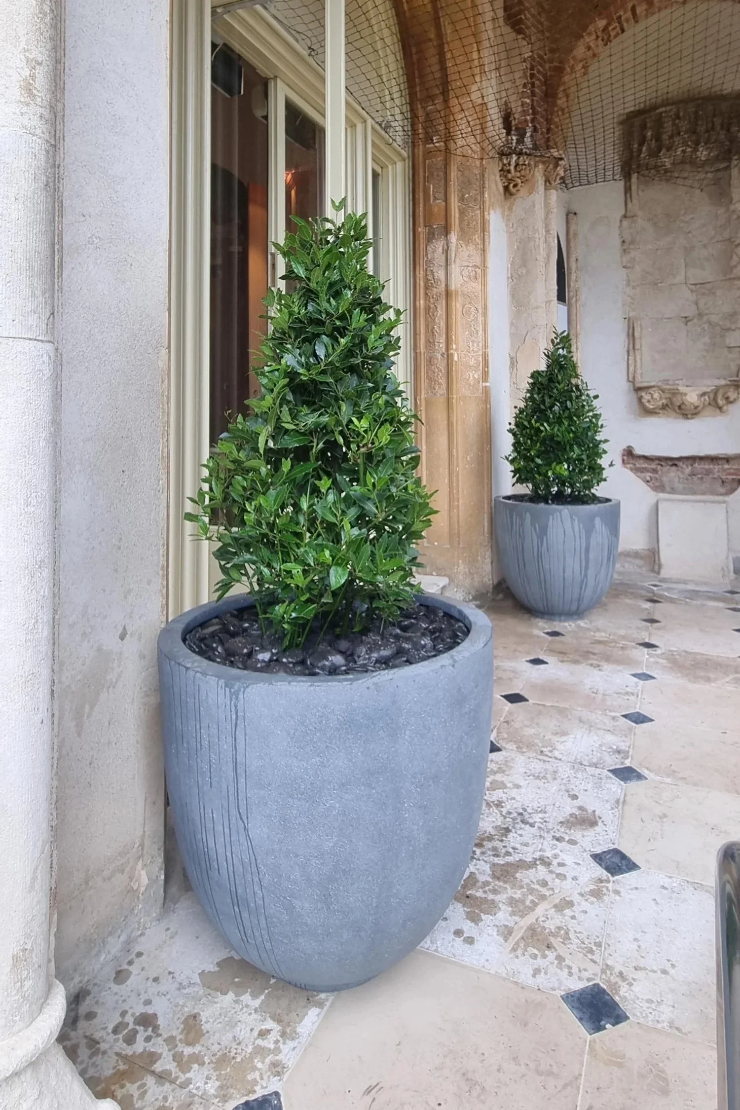 The entrance of a modern building with dark gray brick exterior, glass doors, and two large potted palm trees flanking the doorway. The sidewalk in front appears wet, and there's a parking sign visible on a pole to the right.