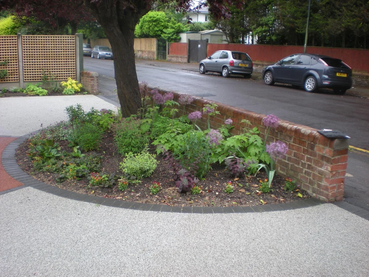 A small garden bed with various green plants and purple flowers, surrounded by a curved concrete sidewalk and a brick wall along the street with parked cars.