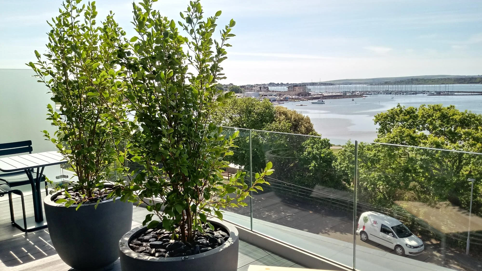 View from a balcony with potted plants, overlooking a harbor with sailboats, trees, and a road with a white van.