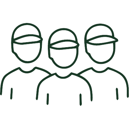 Outline drawing of three people wearing face masks and caps.
