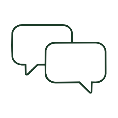 Two overlapping speech bubbles outlined in green on a black background.