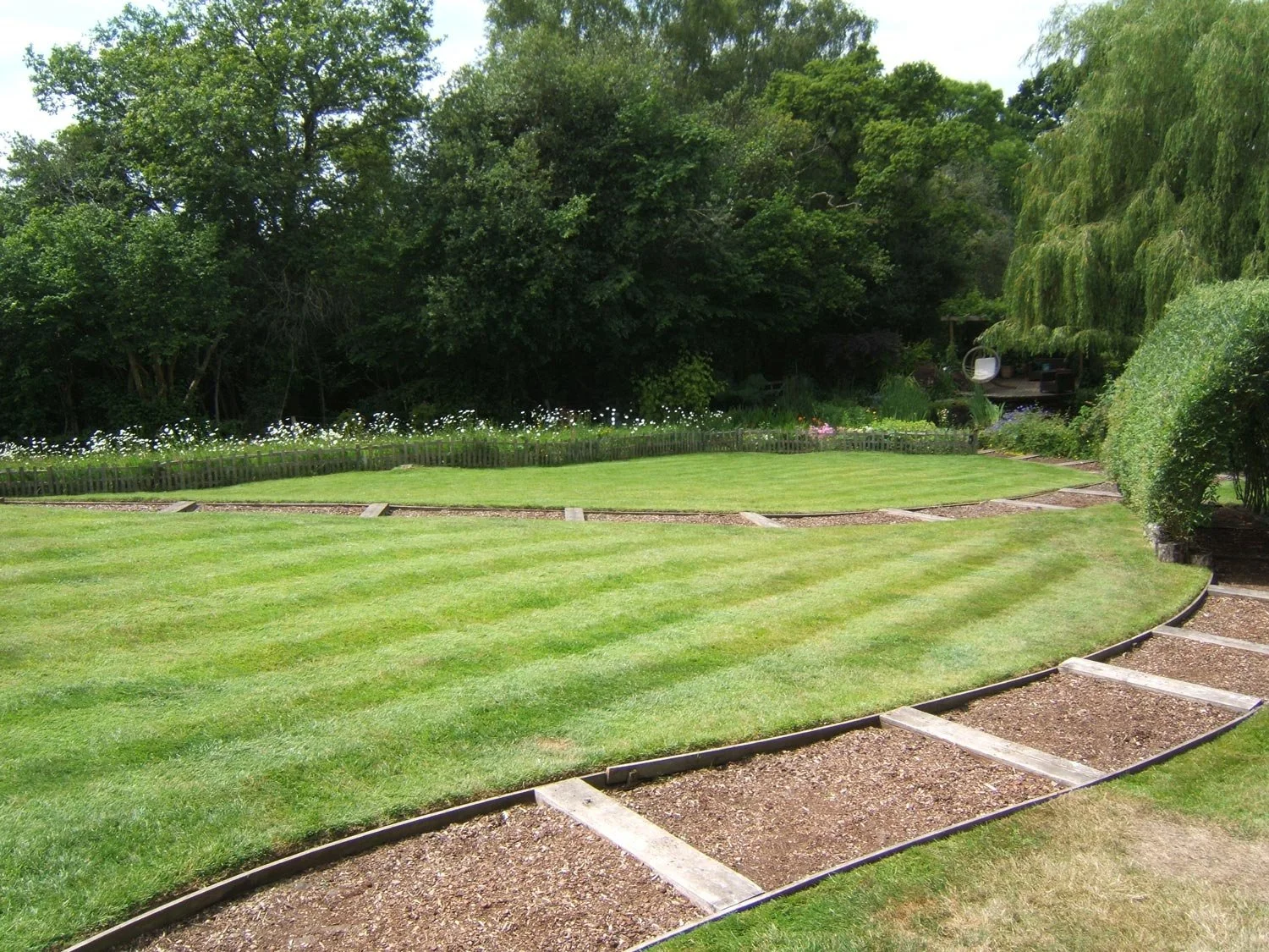 Parking lot with a stone border filled with various plants and trees, and a street lamp in the background under a blue sky.