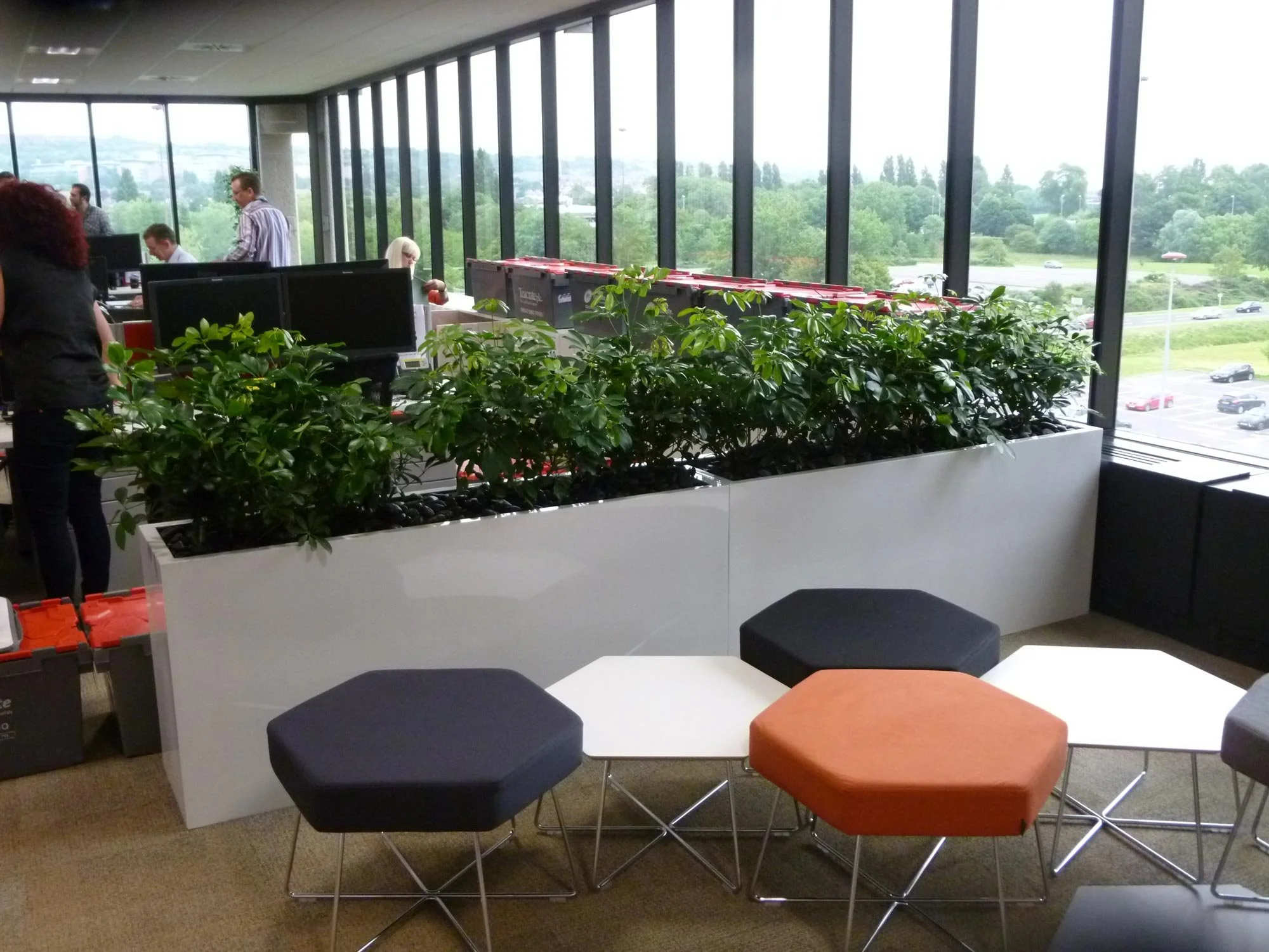 Office lounge area with a large planter containing green leafy plants, black, orange, and white hexagonal coffee tables, and workstations with people working near large floor-to-ceiling windows overlooking a parking lot and green landscape.