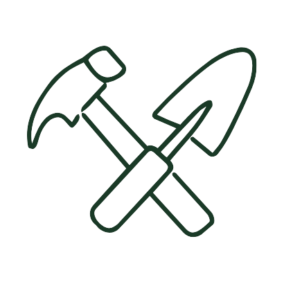 Line drawing of a hammer, trowel, and pickaxe crossed over a circle background.