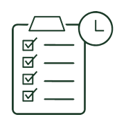 Checklist with checkmarks and a clock icon indicating time