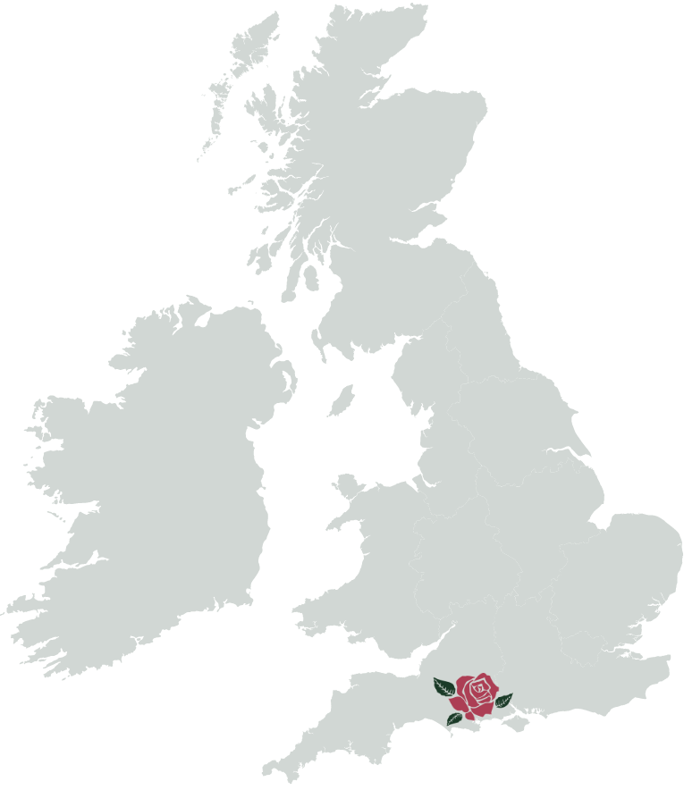 Map of the United Kingdom and Ireland with a pink rose icon placed in southern England.