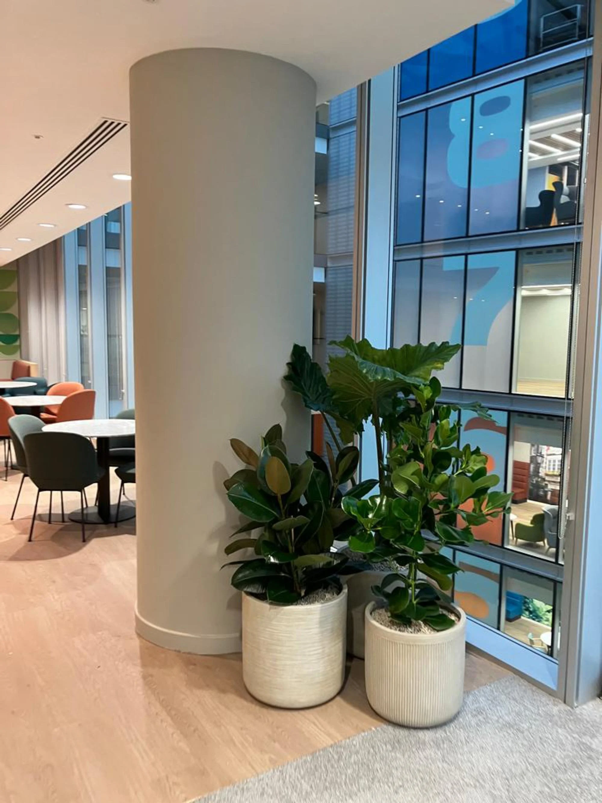 Indoor seating area with round tables and colorful chairs, next to large windows with modern glass architecture and potted plants near a cylindrical column.