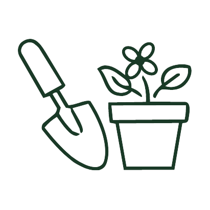 Outline drawing of a trowel and a potted plant with a blooming flower.