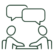 Outline of two people having a conversation with speech bubbles above their heads.