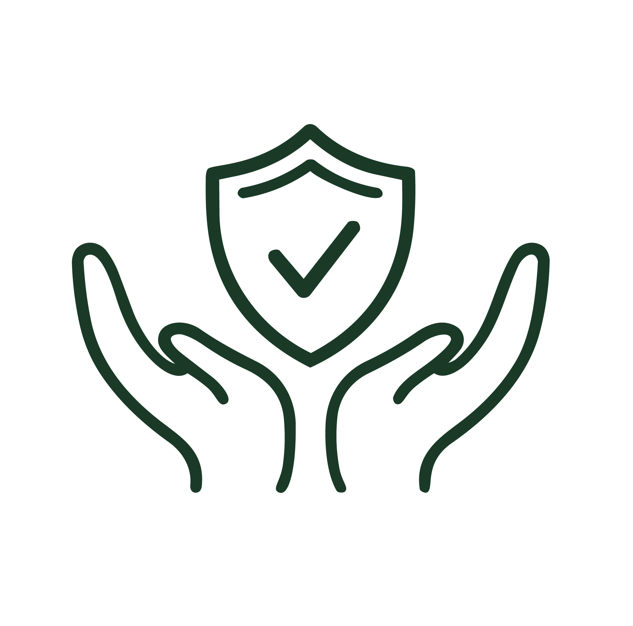 Outline illustration of two hands holding a shield with a checkmark inside, representing protection or security.