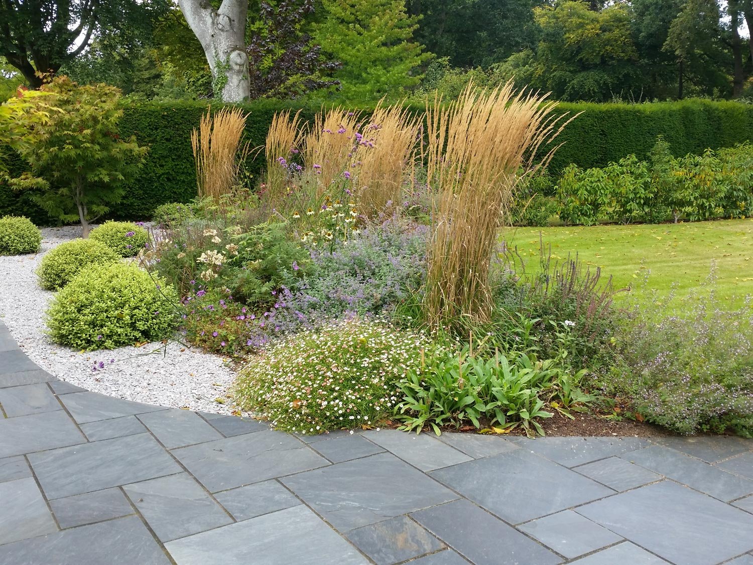 Landscape garden with ornamental grasses, flowering plants, and neatly trimmed bushes, bordered by gray stone paving.