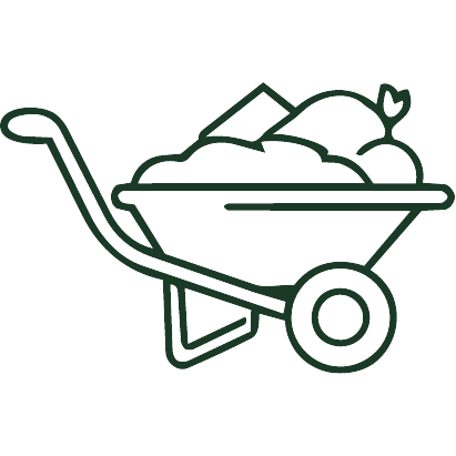 Line drawing of a wheelbarrow filled with gardening tools and plants.
