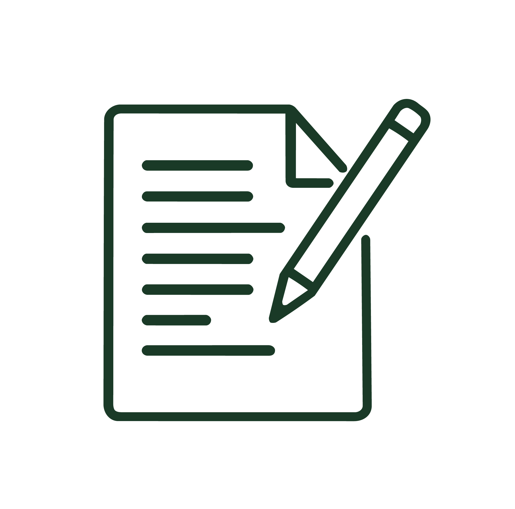 Outline icon of a document with lines of text and a pencil writing on the paper