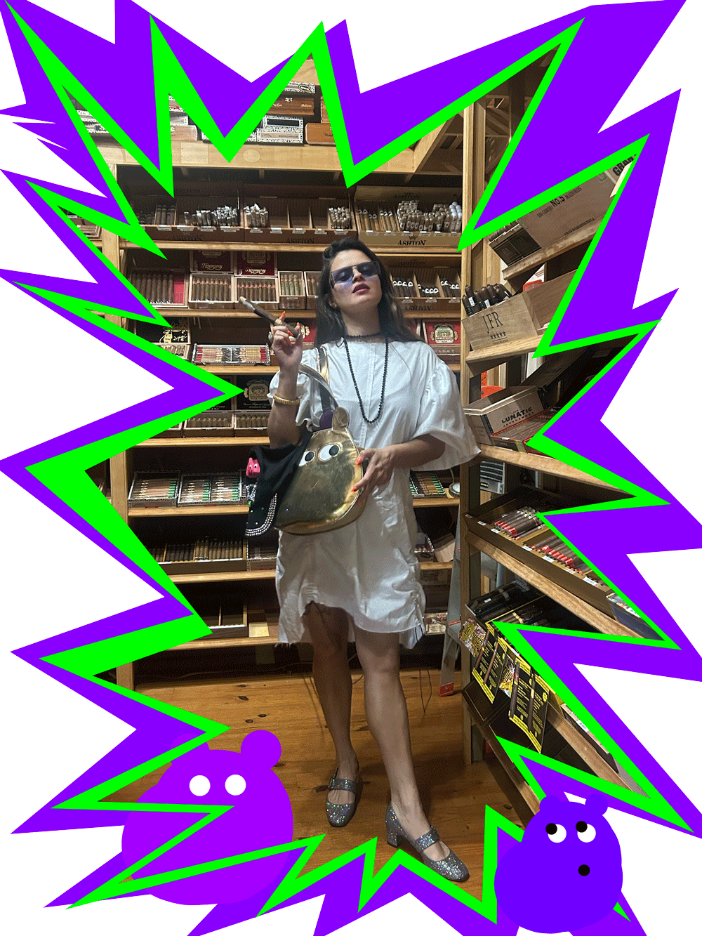 A woman dressed in a white dress and high heels standing in a cigar shop, holding a cigar and a gold purse, surrounded by wooden shelves with cigars and cigar accessories. The image has a colorful comic-style border with purple and green accents, and cartoon bear faces at the corners.