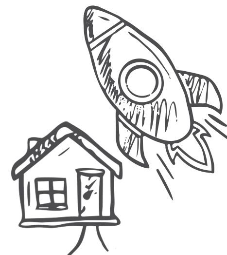 A line drawing of rocket launching and a house.
