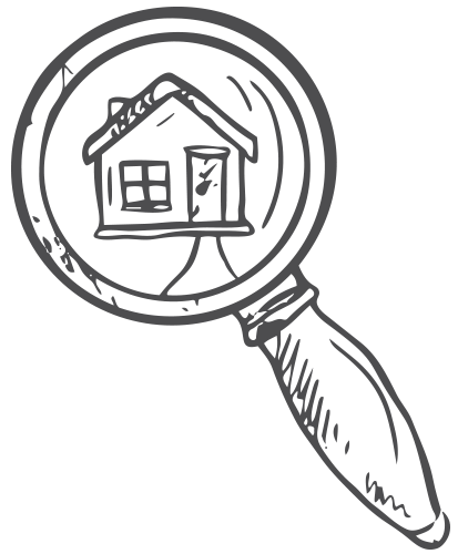A line drawing of a magnifying glass focusing on a house, representing searching for homes or real estate.