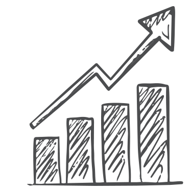 A hand-drawn black and white line graph with an upward trending arrow and five vertical bars increasing in height from left to right.