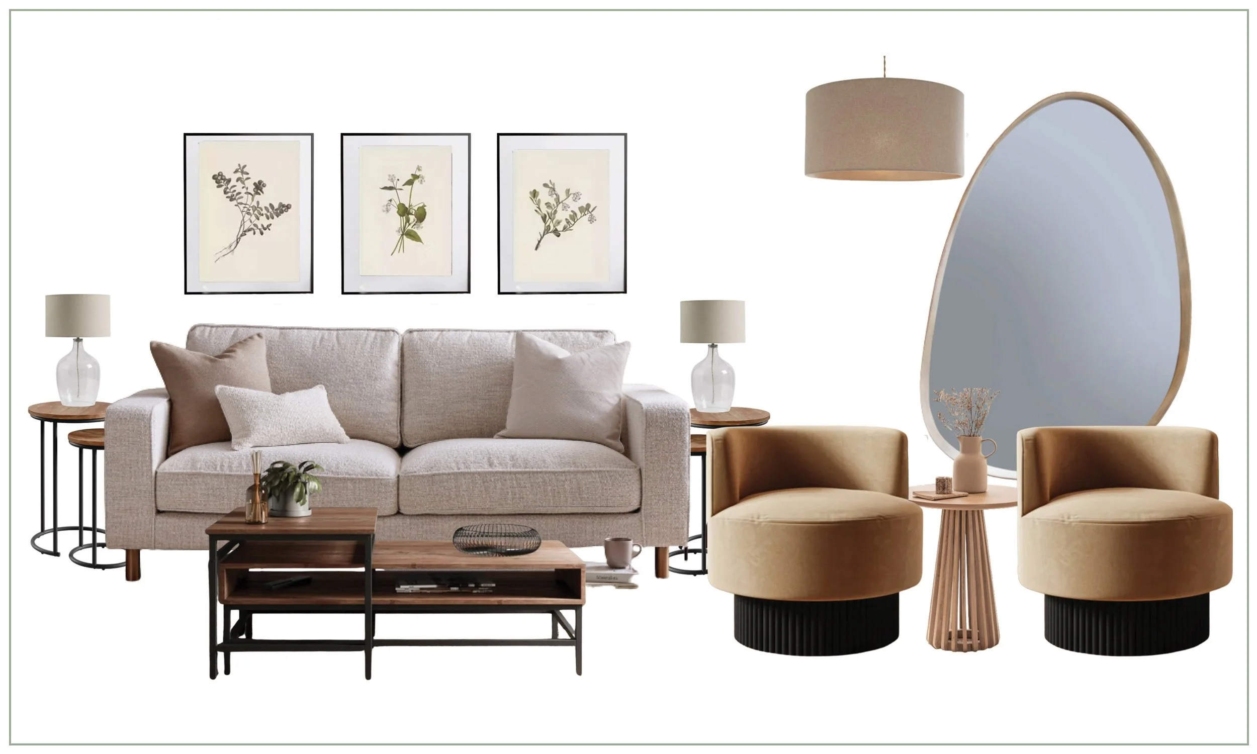 A mood board design of a living room with beige sofa, two beige armchairs, a wooden coffee table, side tables with lamps, wall art with botanical prints, large oval mirror, and decorative items.