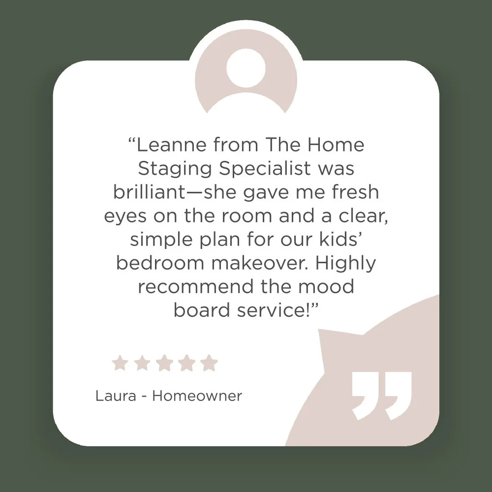 Customer review quote about property investment on a digital card with silhouette icon, quotation marks and a five star rating.