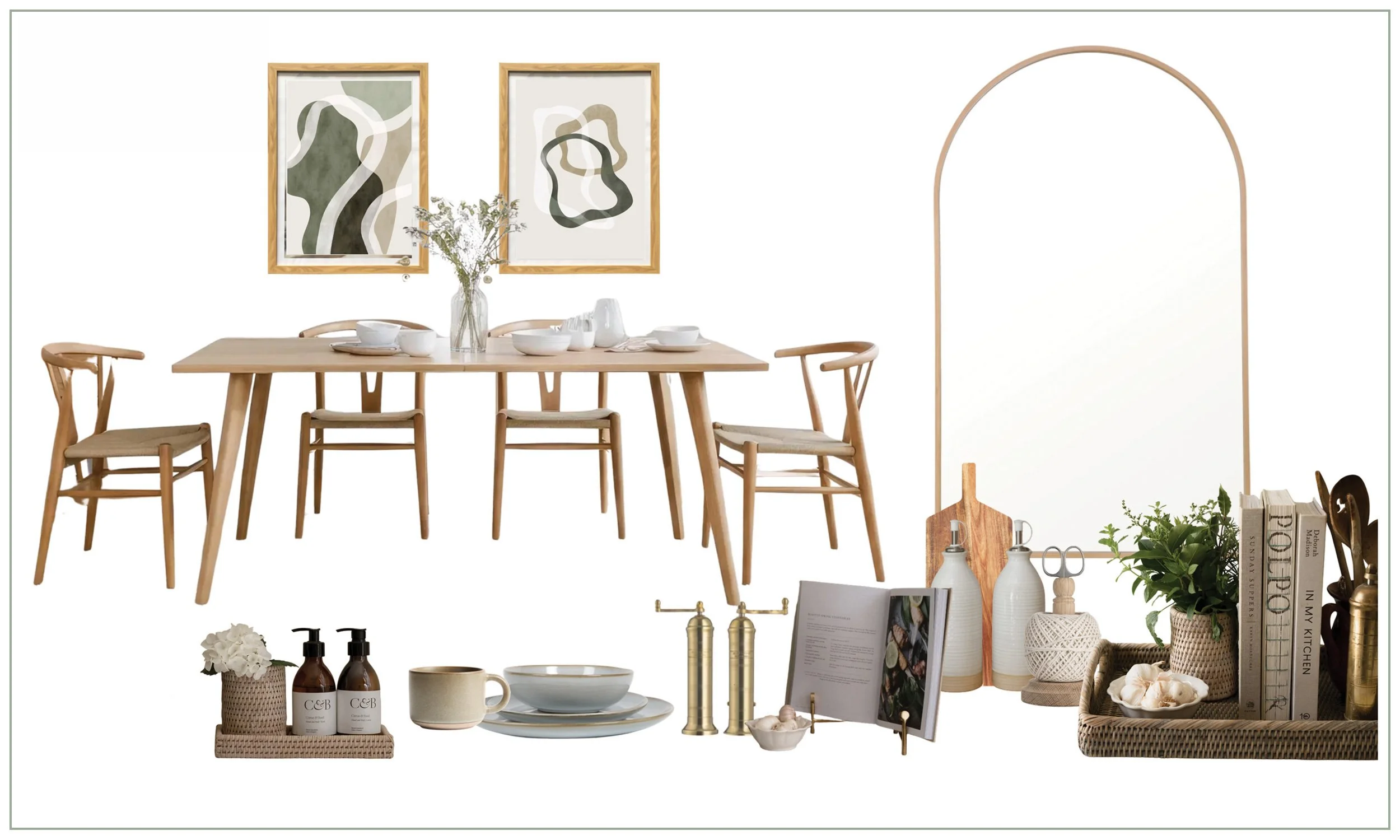 Mood board design showing decorative interior with a wooden dining table and chairs, abstract art on the wall, a mirror, and various decorative items including plants, books, and tableware arranged in a neutral-toned setting.